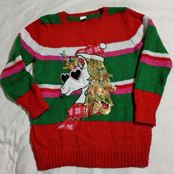 Ugly Christmas Sweater UNICORN Sequins kids 14/16 Women's XS/S EASY CARE - Picture 1 of 9